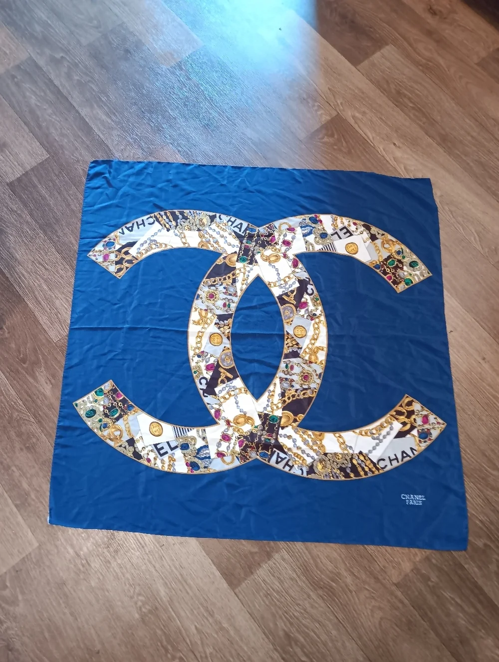 Vintage 90s Chanel Blue Silk Logo Scarf Authentic &  Chanel Scarf